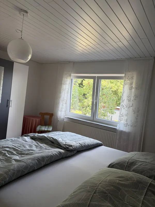 Schlafzimmerfenster mit Blick auf Bäume und Morgensonne